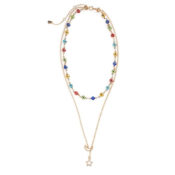 BP. Layered Glass Bead Evil Eye And Moon Star Pull Necklace - Picture 1 of 7